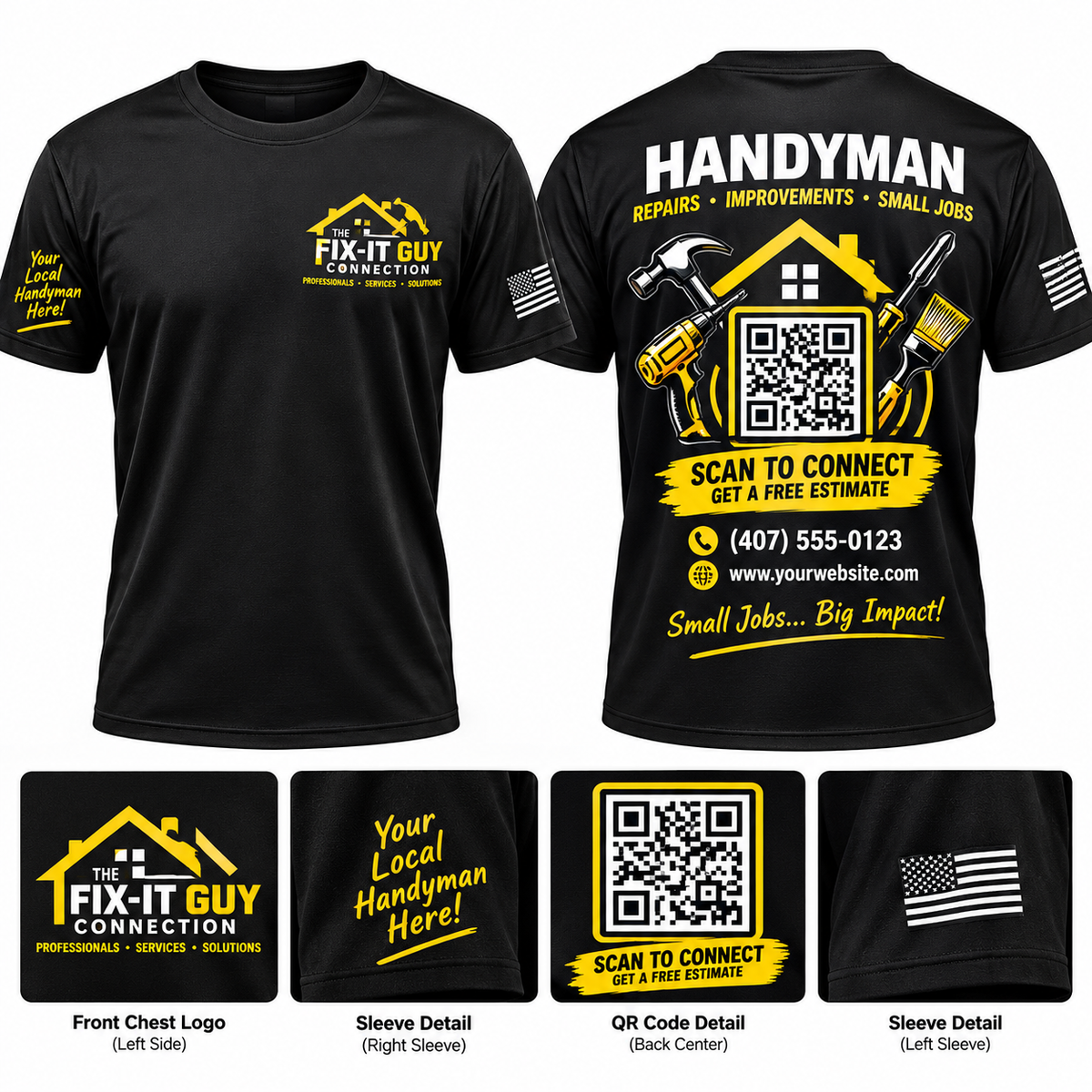 Fix-It Guy Connection Dynamic Apparel Marketing Handyman QR Code T-Shirt