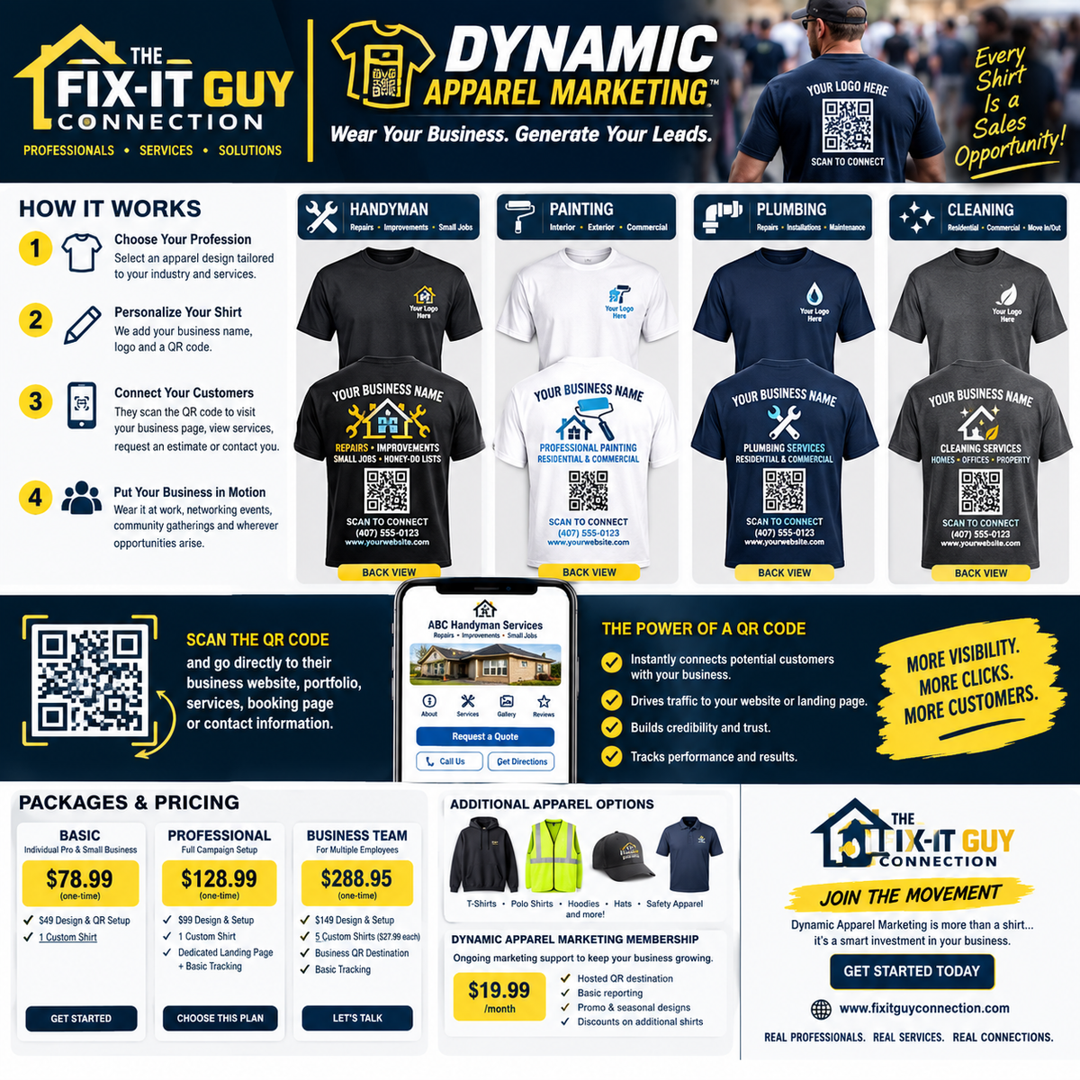 Fix-It Guy Connection Dynamic Apparel Marketing Handyman QR Code T-Shirt